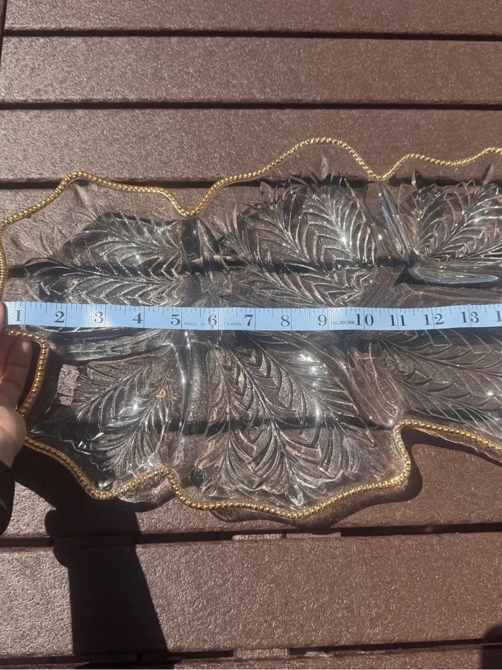 Clear Glass Leaf Serving Tray with Gold Beaded Rim